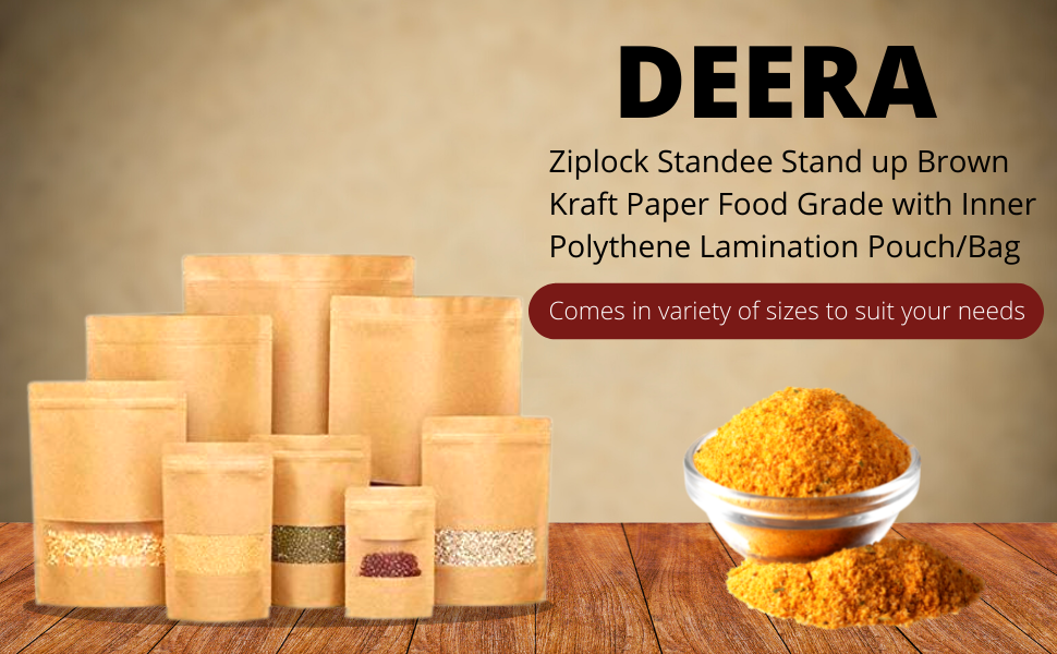 DEERA Stand Up Ziplock Reusable Airtight Kraft Paper Storage Pouch (With Window)